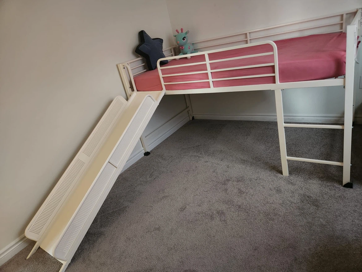 White Loft Bed with Slide and Mattress