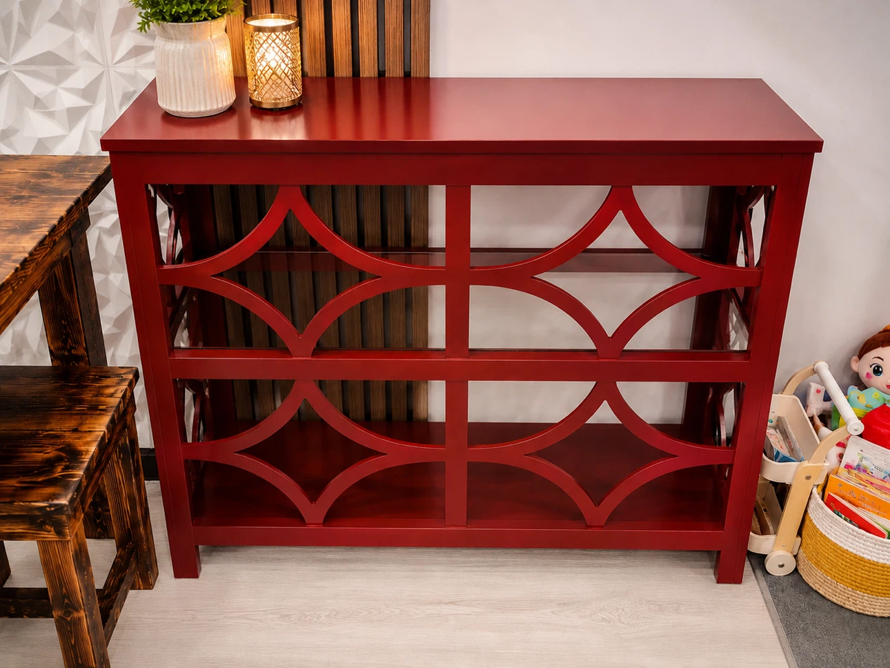 Red Console Table with Shelves