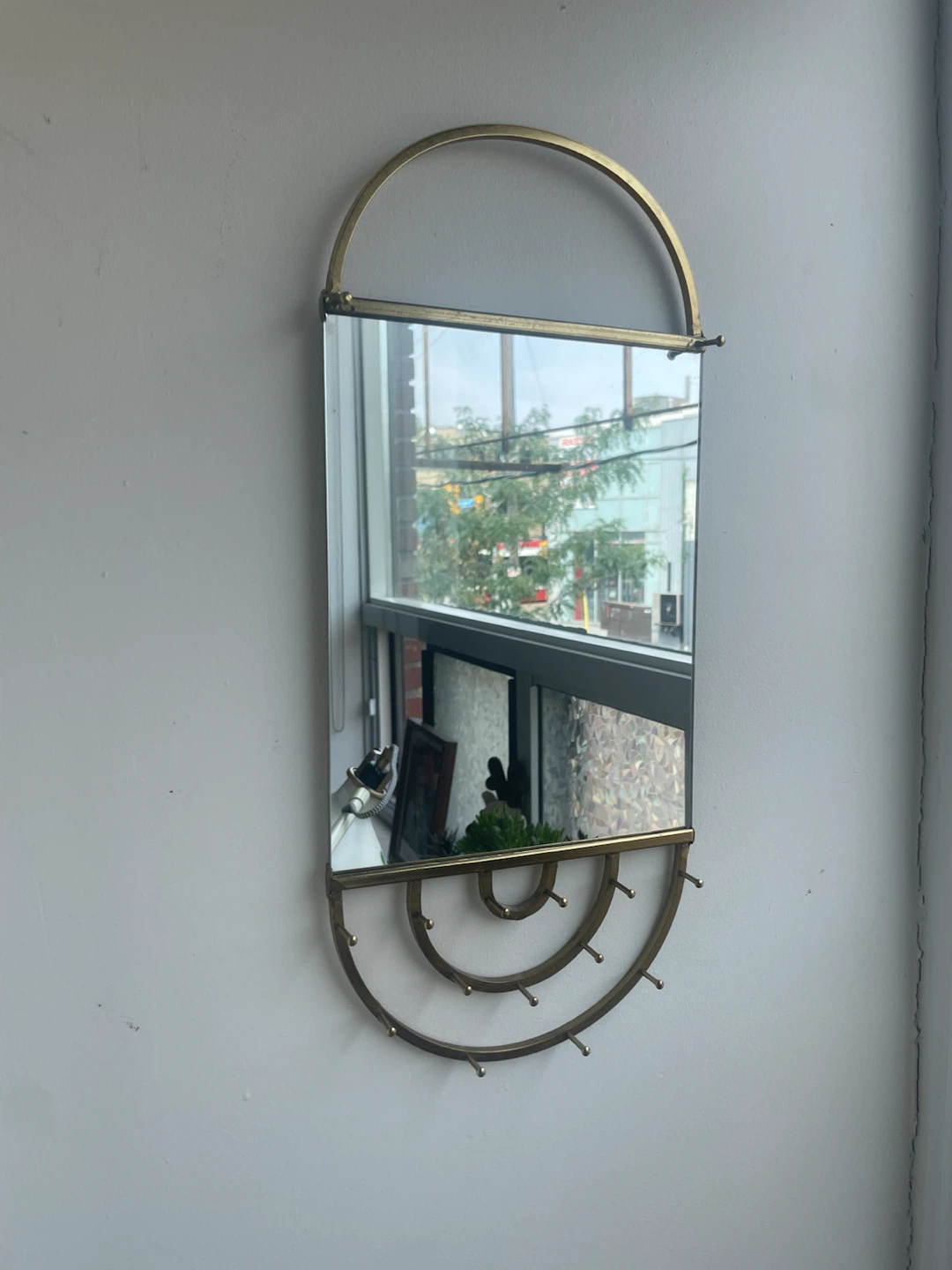 Vintage Wall Mirror with Jewelry Hooks