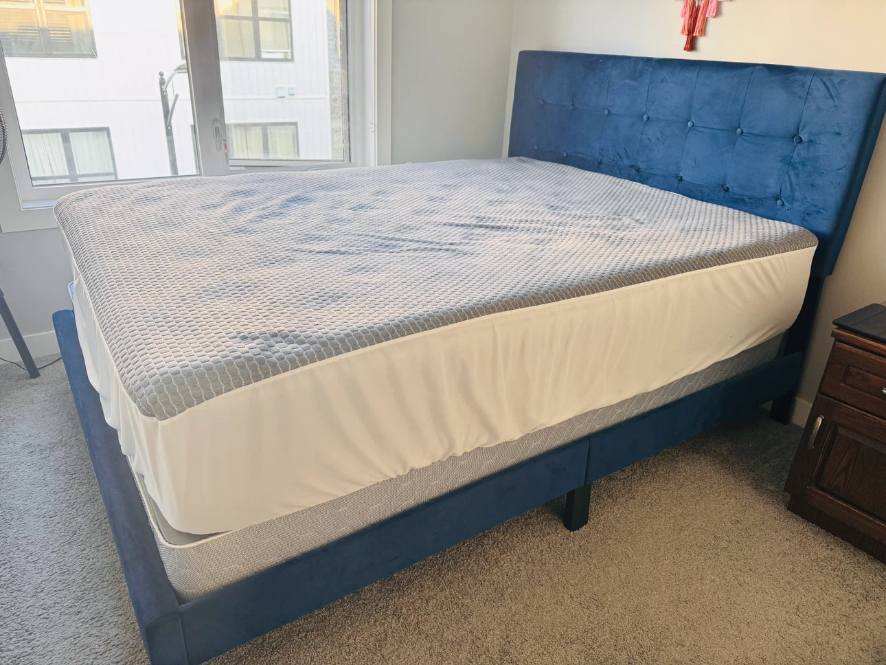 Blue Velvet Queen Bed Frame with Tufted Headboard