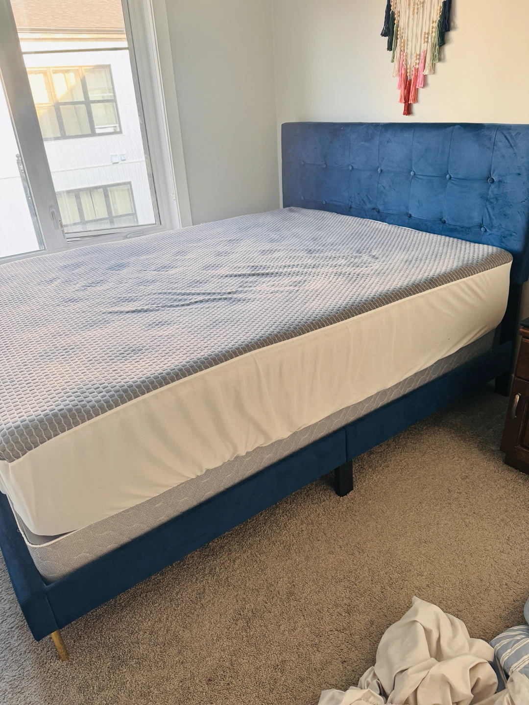 Blue Velvet Queen Bed Frame with Tufted Headboard - photo 3