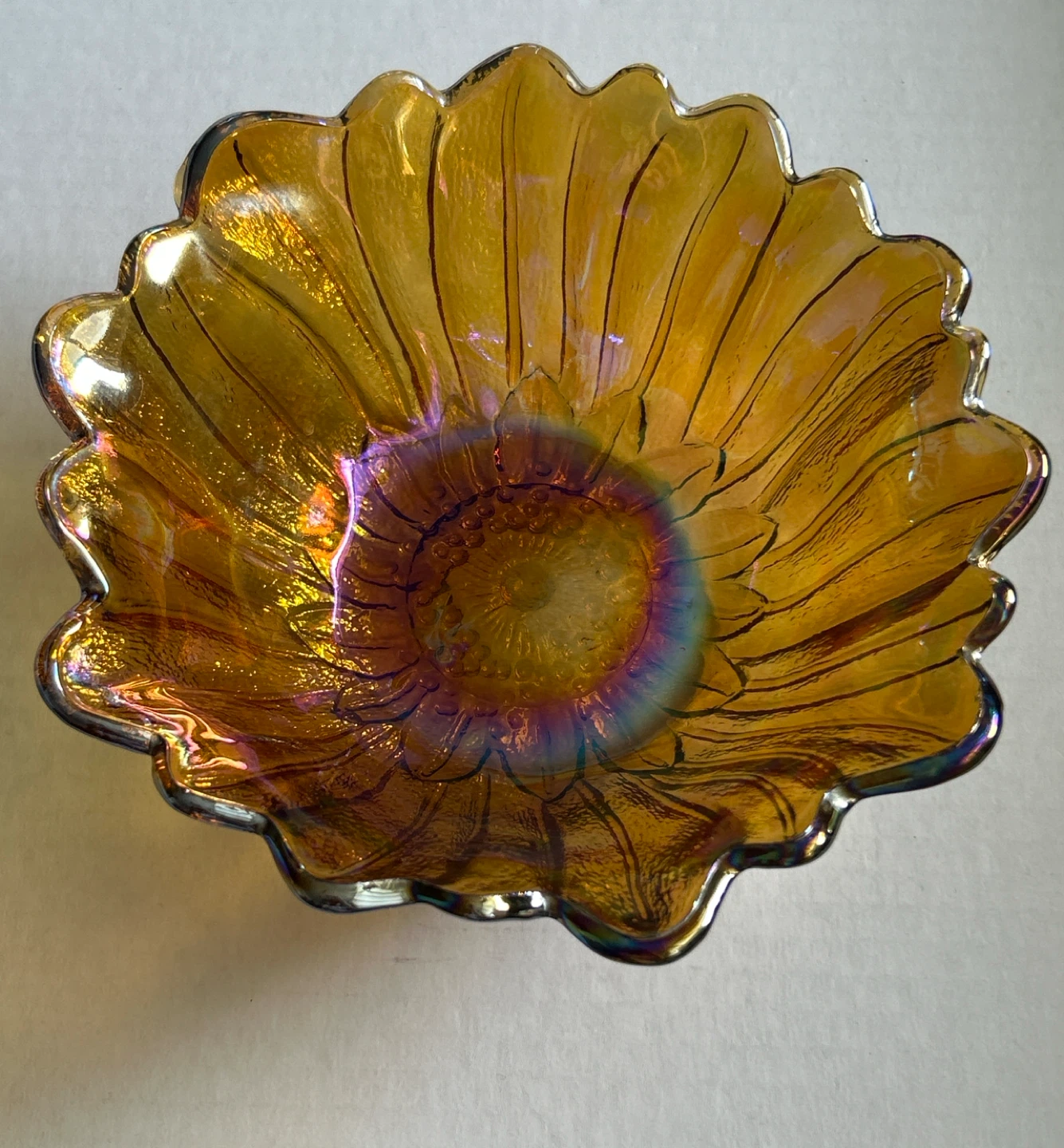 Amber Carnival Glass Sunflower Bowl