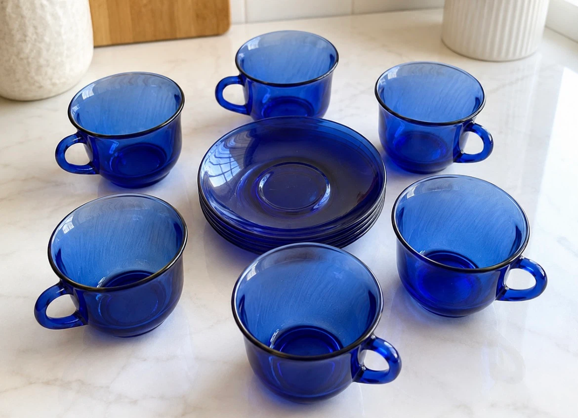 Blue Glass Coffee Cups and Saucers - Set of 6