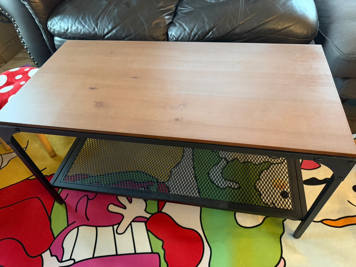 Wood Top Coffee Table with Metal Mesh Shelf
