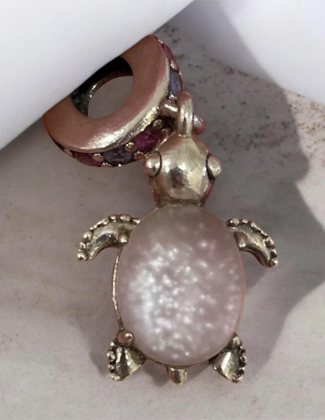 Pandora Sterling Silver Turtle Charm with Pink Stone
