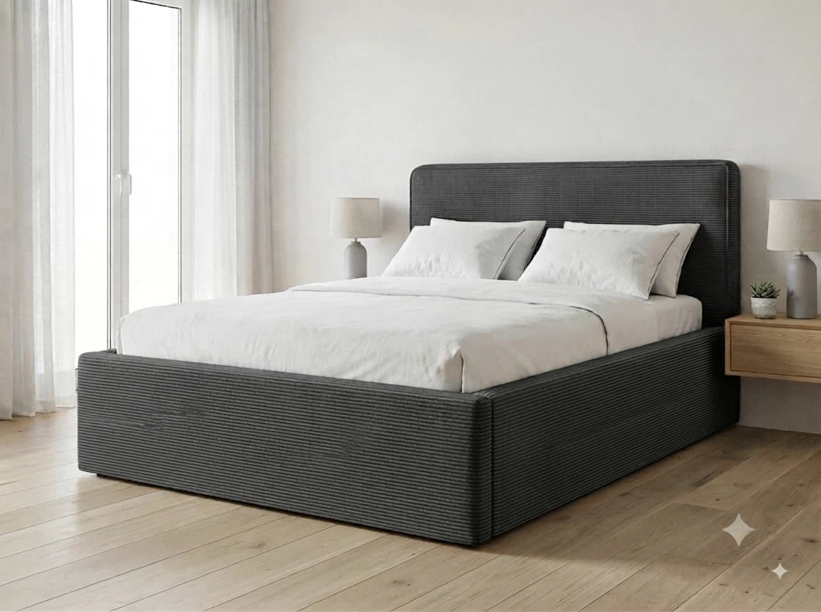 New Grey Corduroy Upholstered Double Bed on Sale