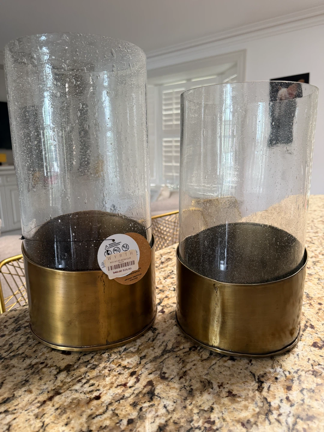 Set of 2 Wyrth Glass and Brass hurricane vases