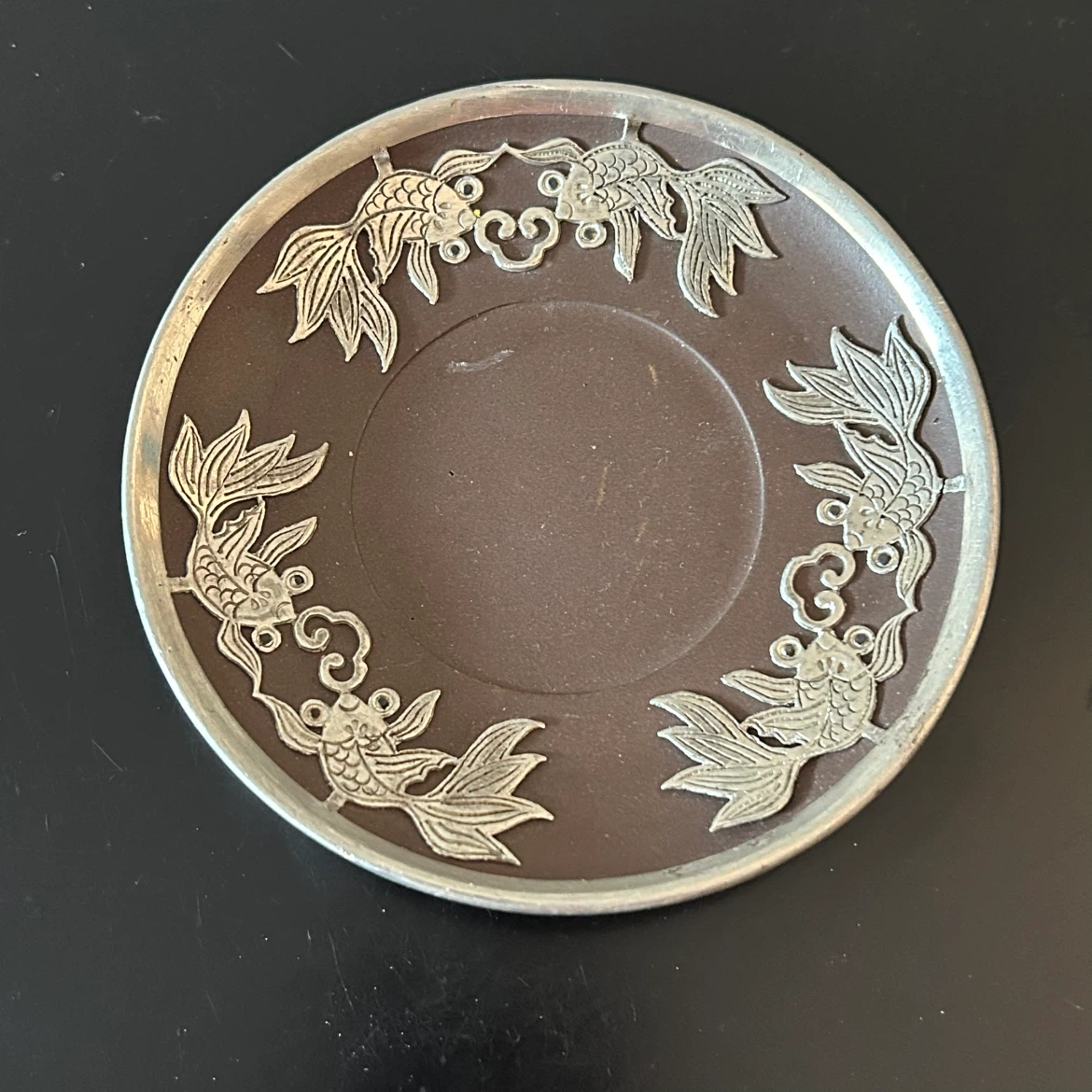 Vintage Mid-Century Chinese Yixing Zisha Tea Saucer with Pewter