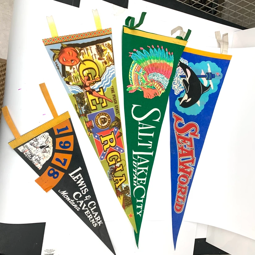 4 Vintage Travel Pennants Felt Souvenir Flags Collectible Decor