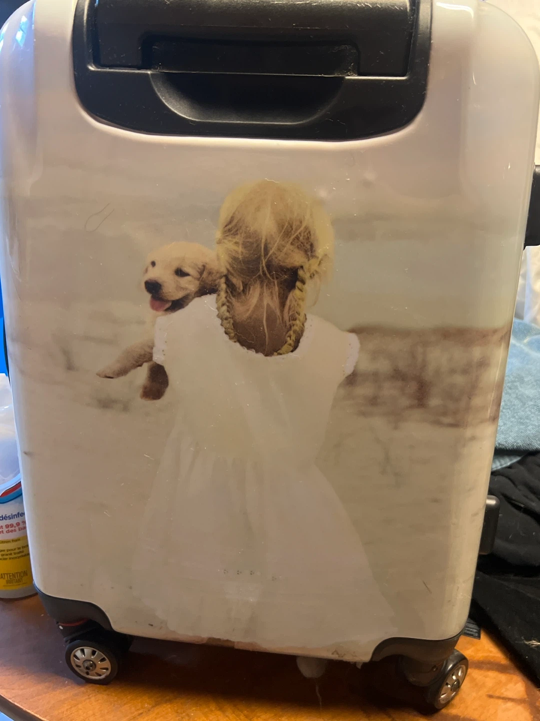 White Suitcase with Girl and Puppy Graphic