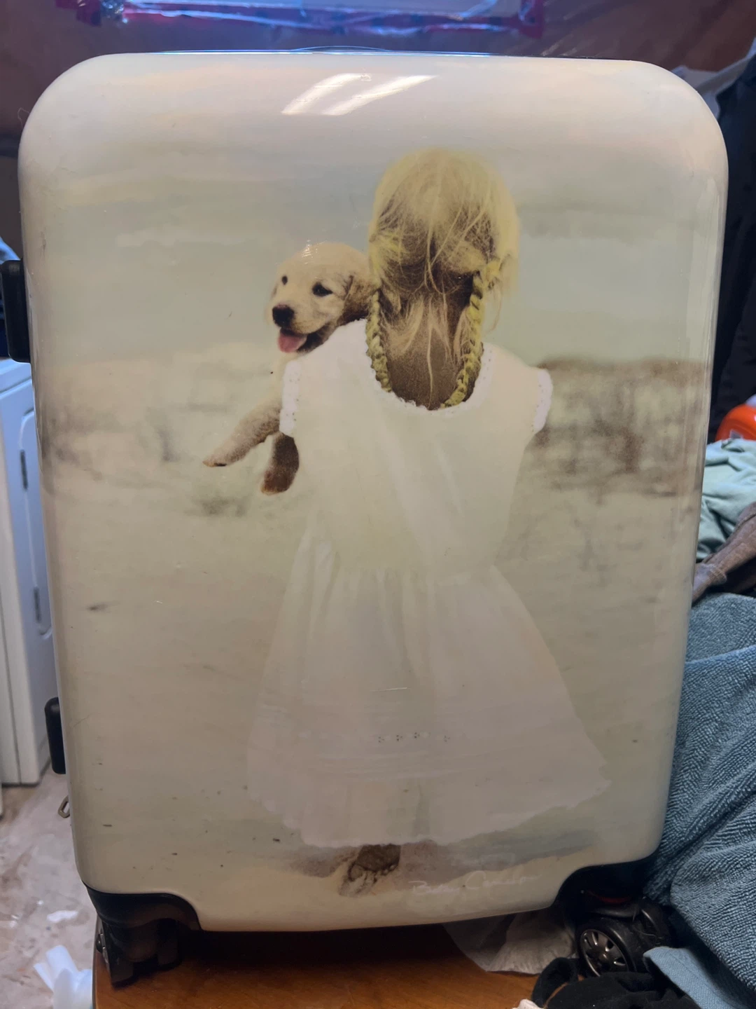 White Suitcase with Girl and Puppy Graphic - photo 3