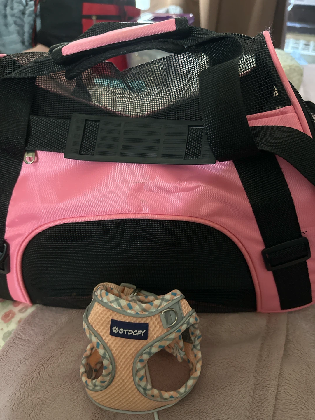 Pink Pet Carrier Bag with Matching Harness