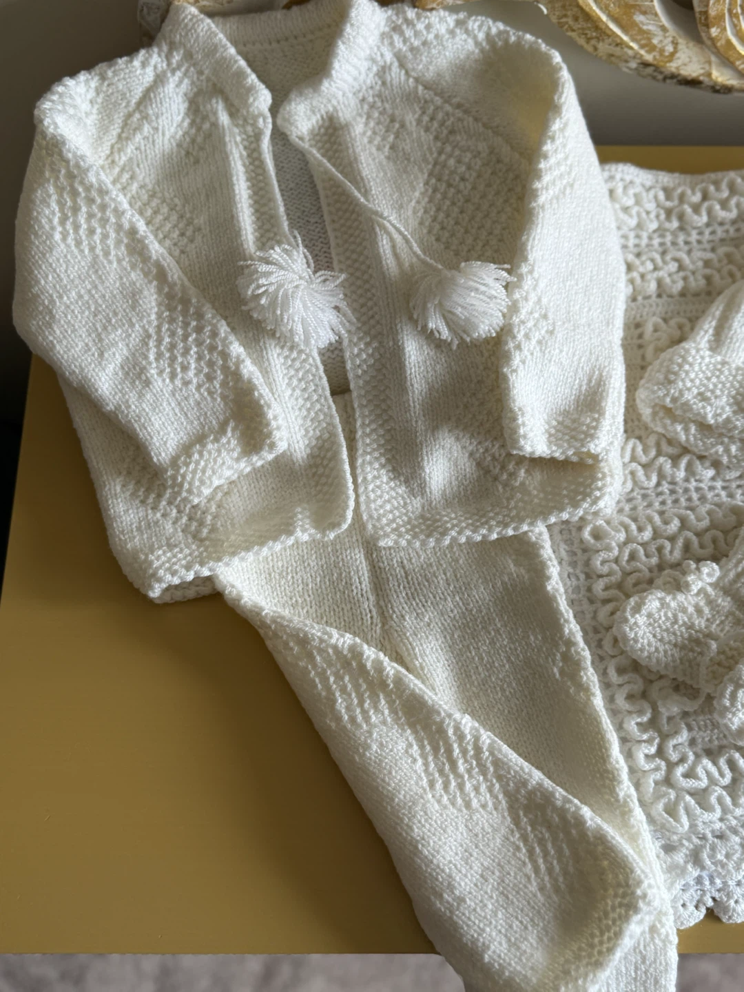 White Knitted Baby Outfit and Blanket Set