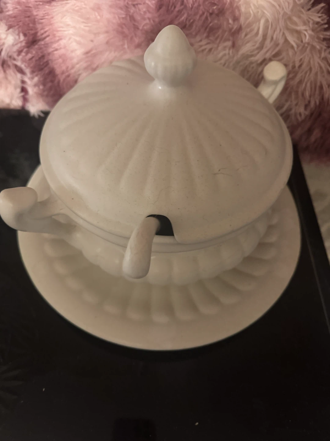 White Ceramic Tureen with Ladle and Saucer