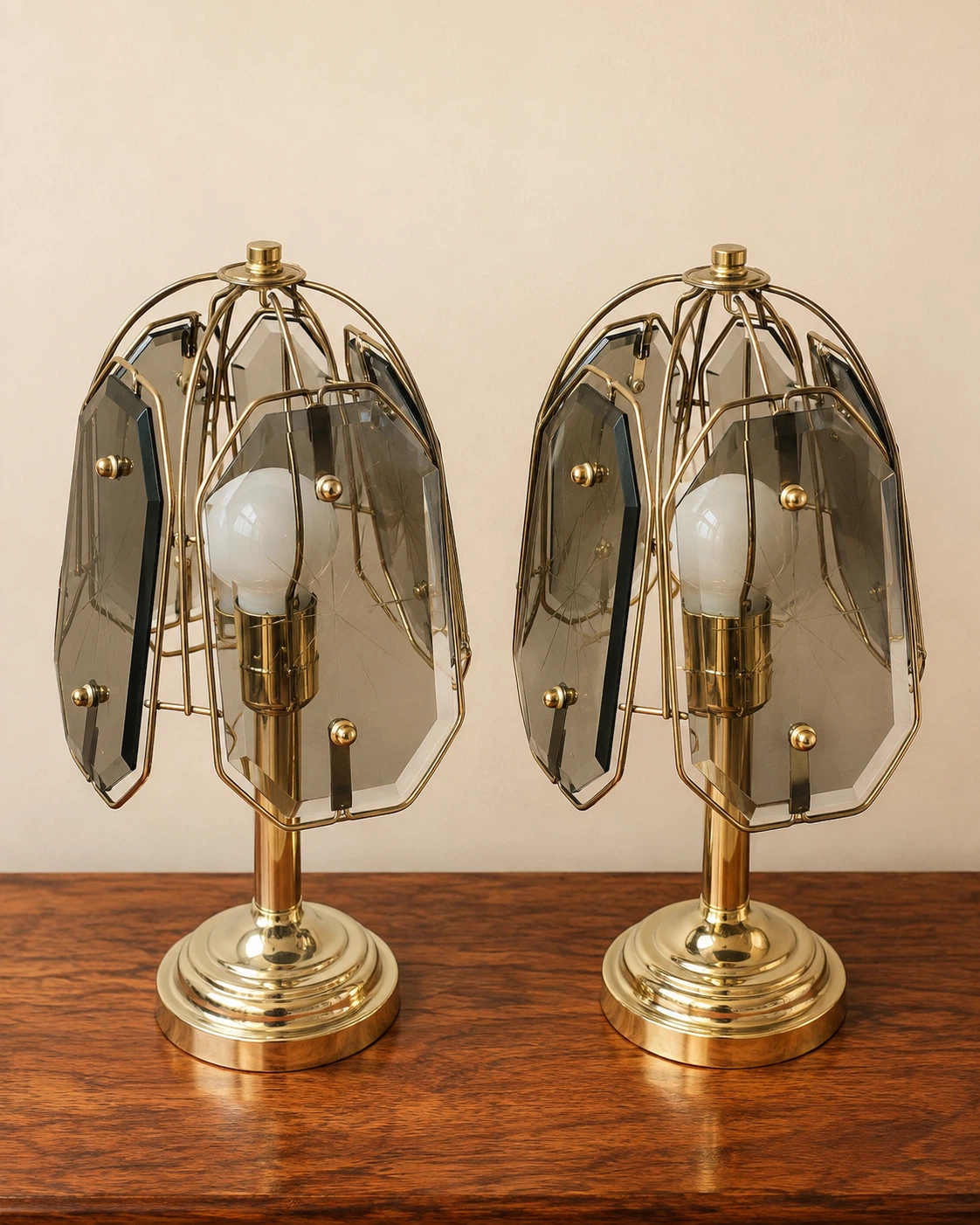 PAIR OF VINTAGE BRASS & SMOKED-GLASS TABLE LAMPS