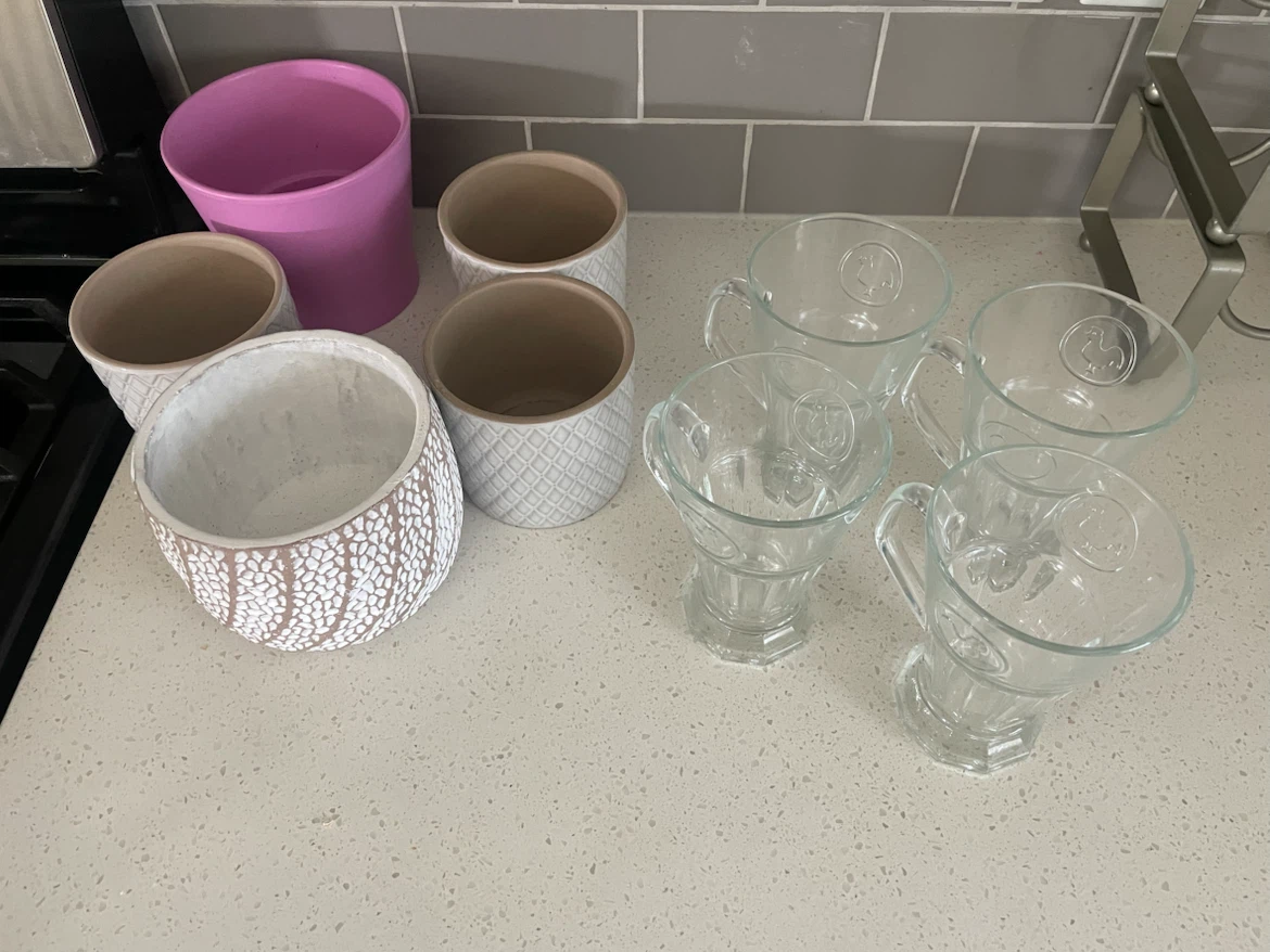 Assorted Small Planters and Glass Mugs
