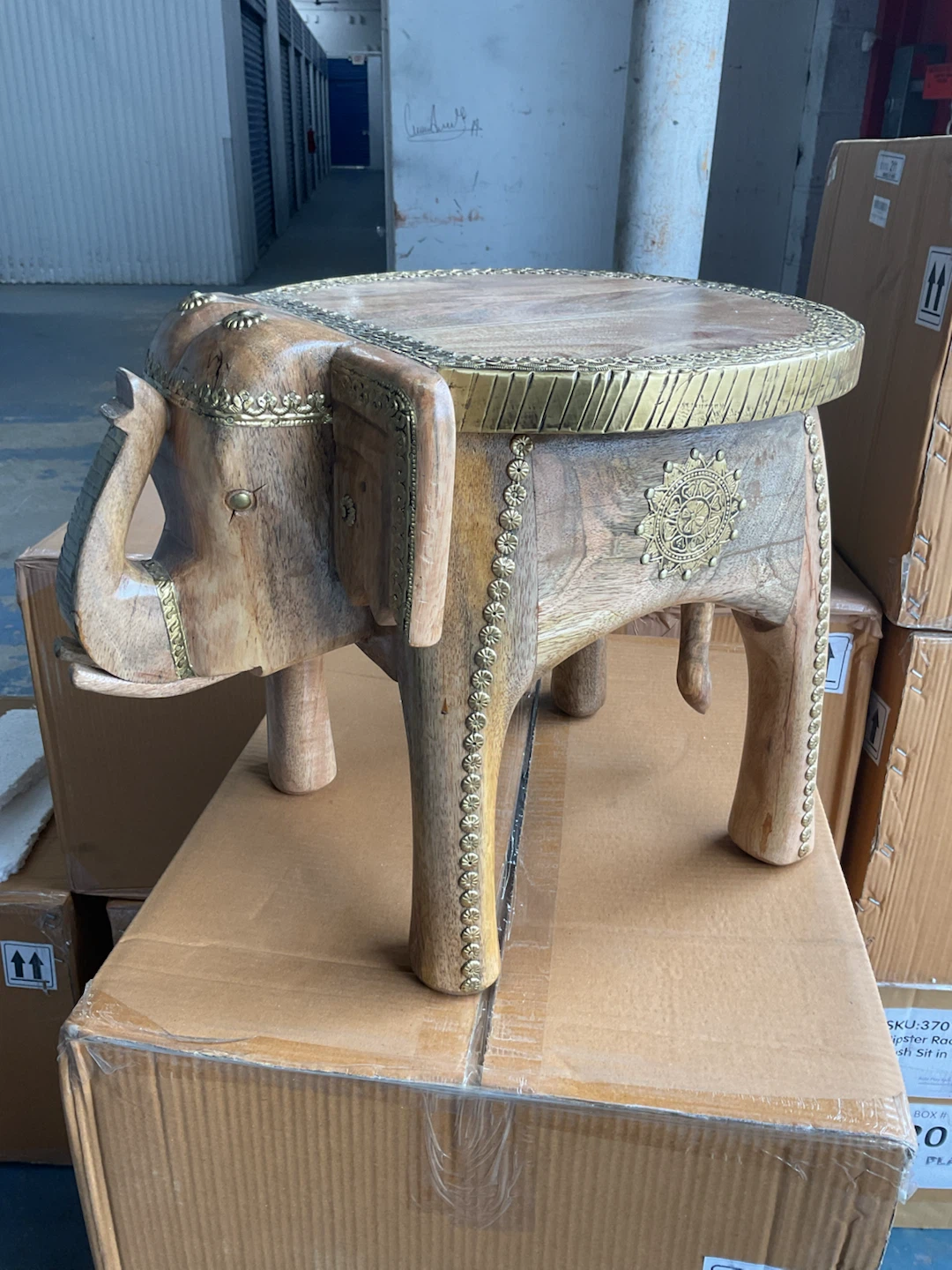 Wooden Elephant Side Table with Brass Accents