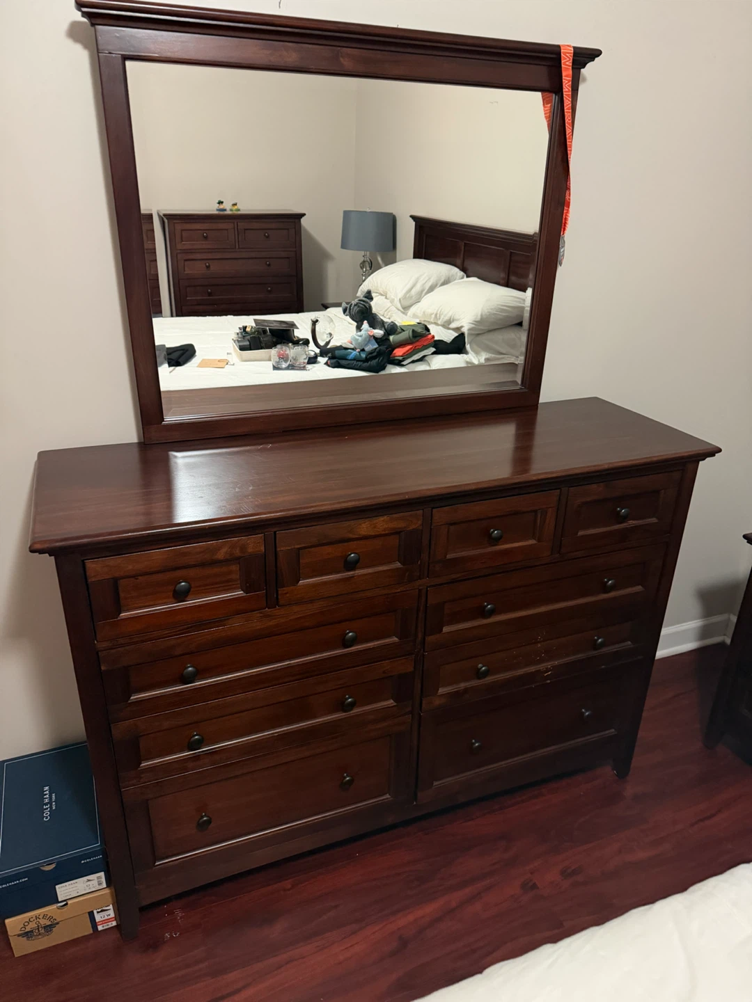 Bedroom set and sofa with lamps and a chest