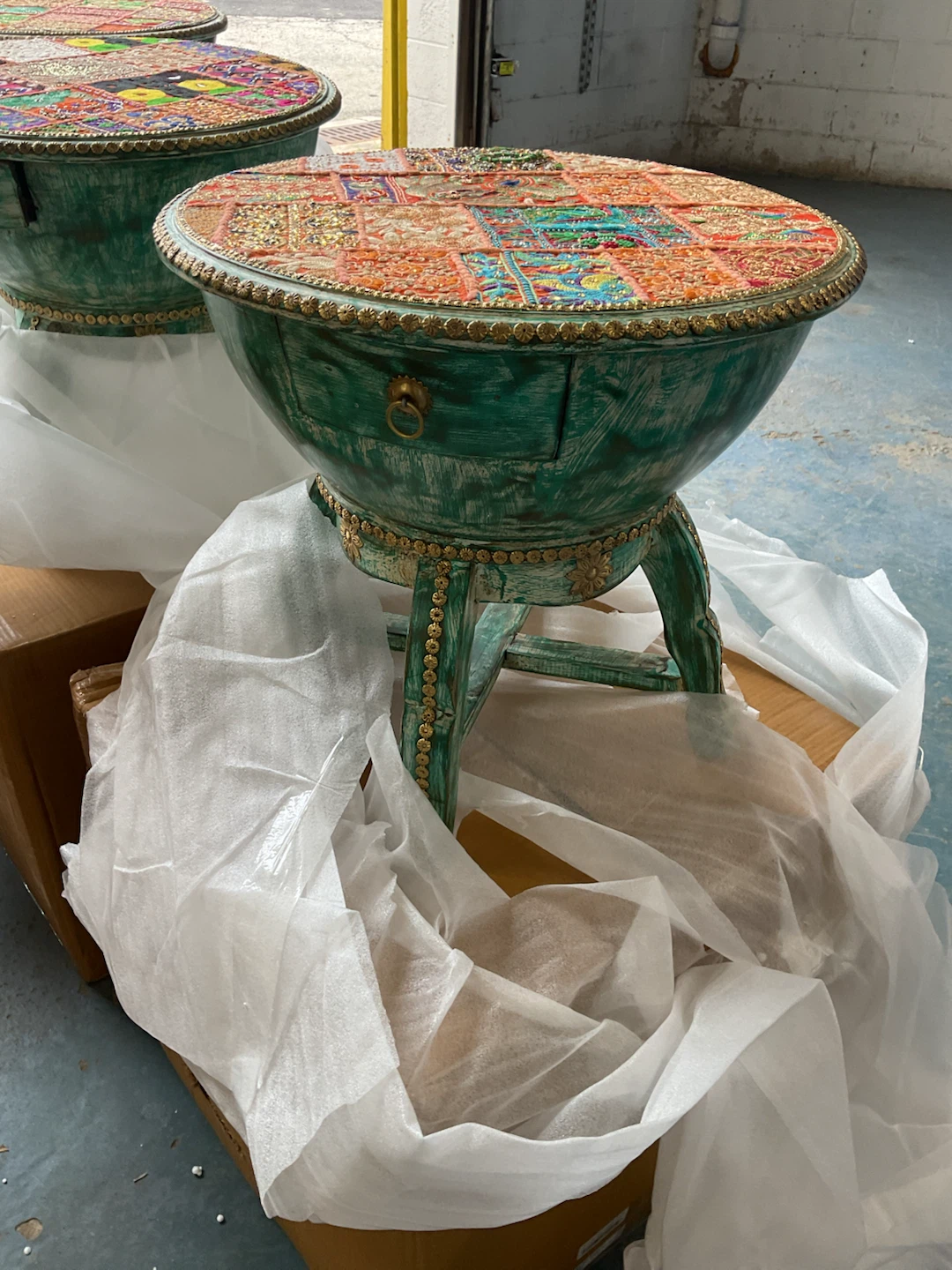 Handmade Embroidered Accent Table with Drawer