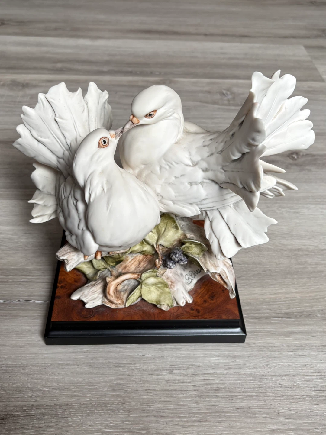 White Porcelain Doves Figurine on Wood Base