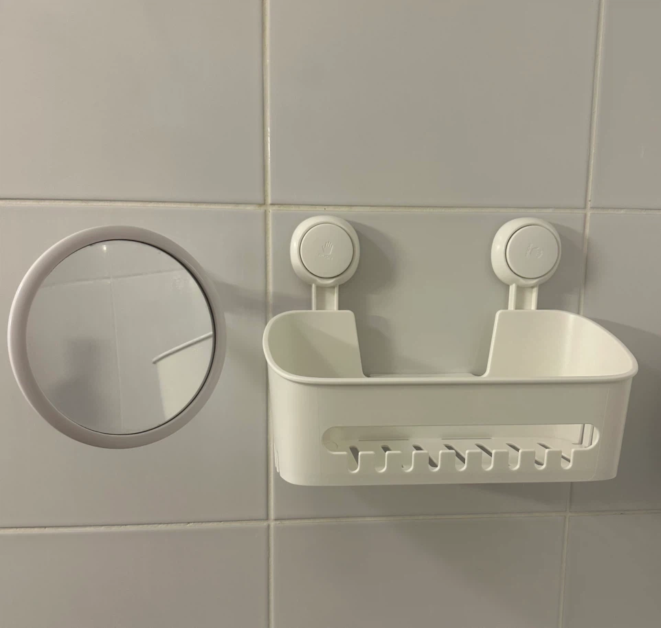 White Suction Cup Shower Caddy and mirror
