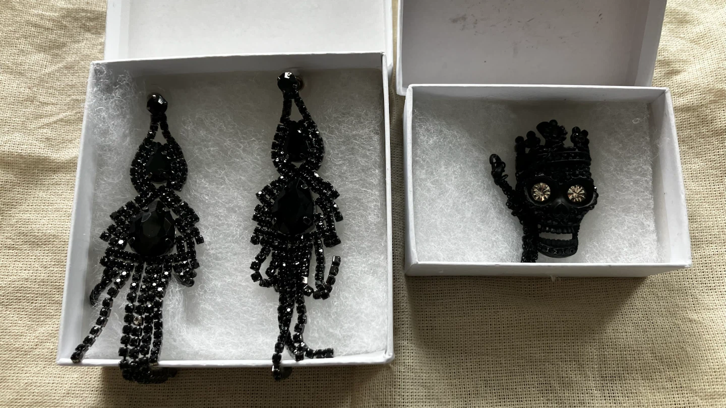 Gothic Black Dangle Earrings and Skull Neckless Set