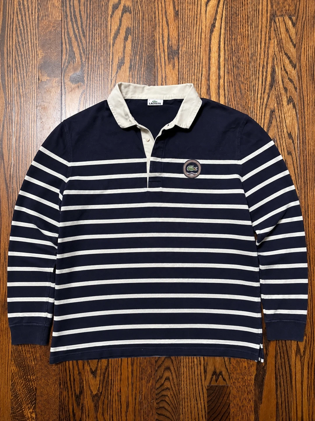 Lacoste Long Sleeve Rugby Shirt - Navy/White Stripes - L