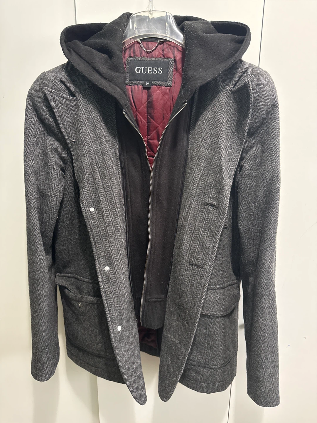 GUESS Men's Grey Herringbone Wool Blend Jacket with Hood