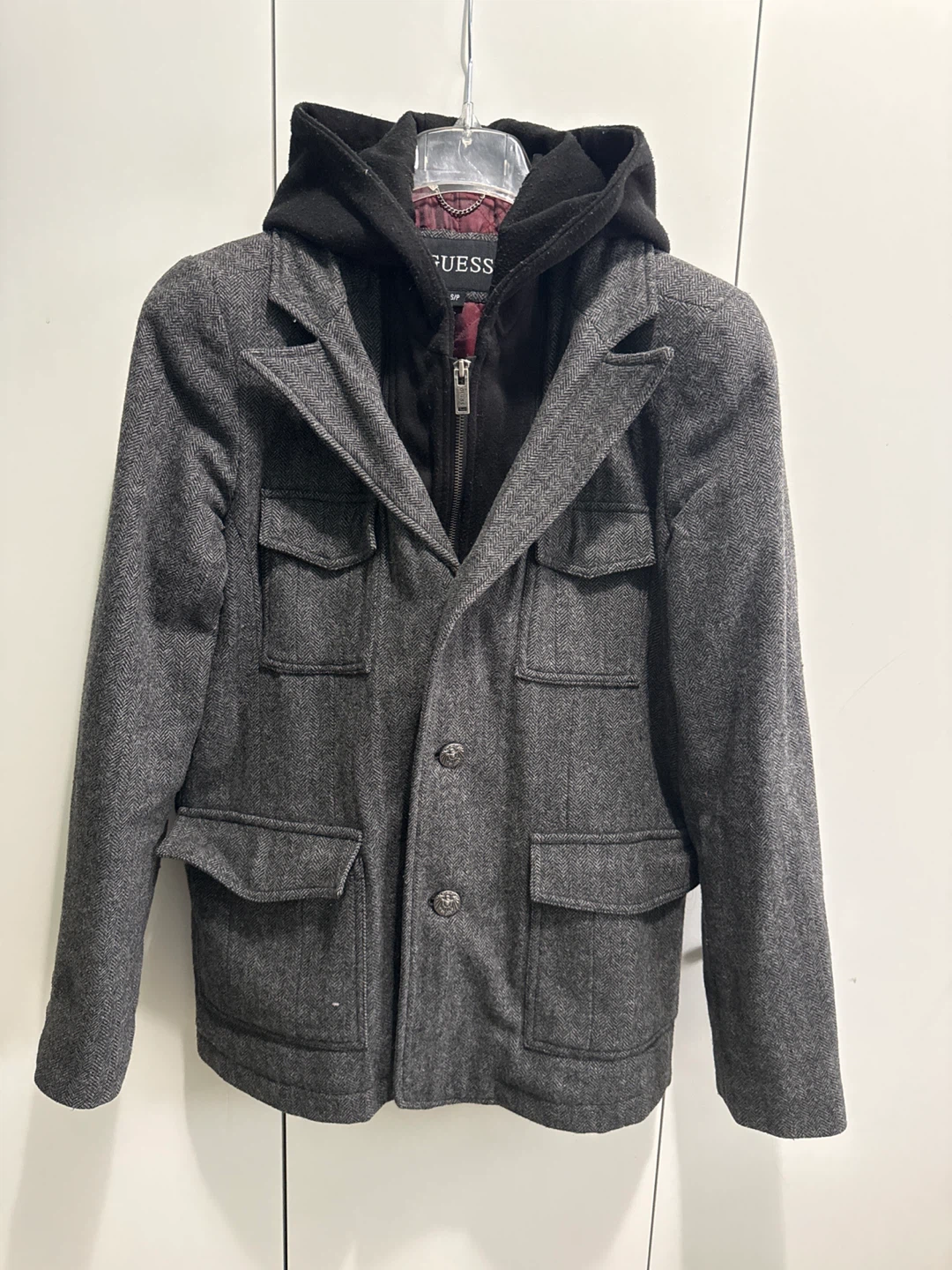 GUESS Men's Grey Herringbone Wool Blend Jacket with Hood - photo 2