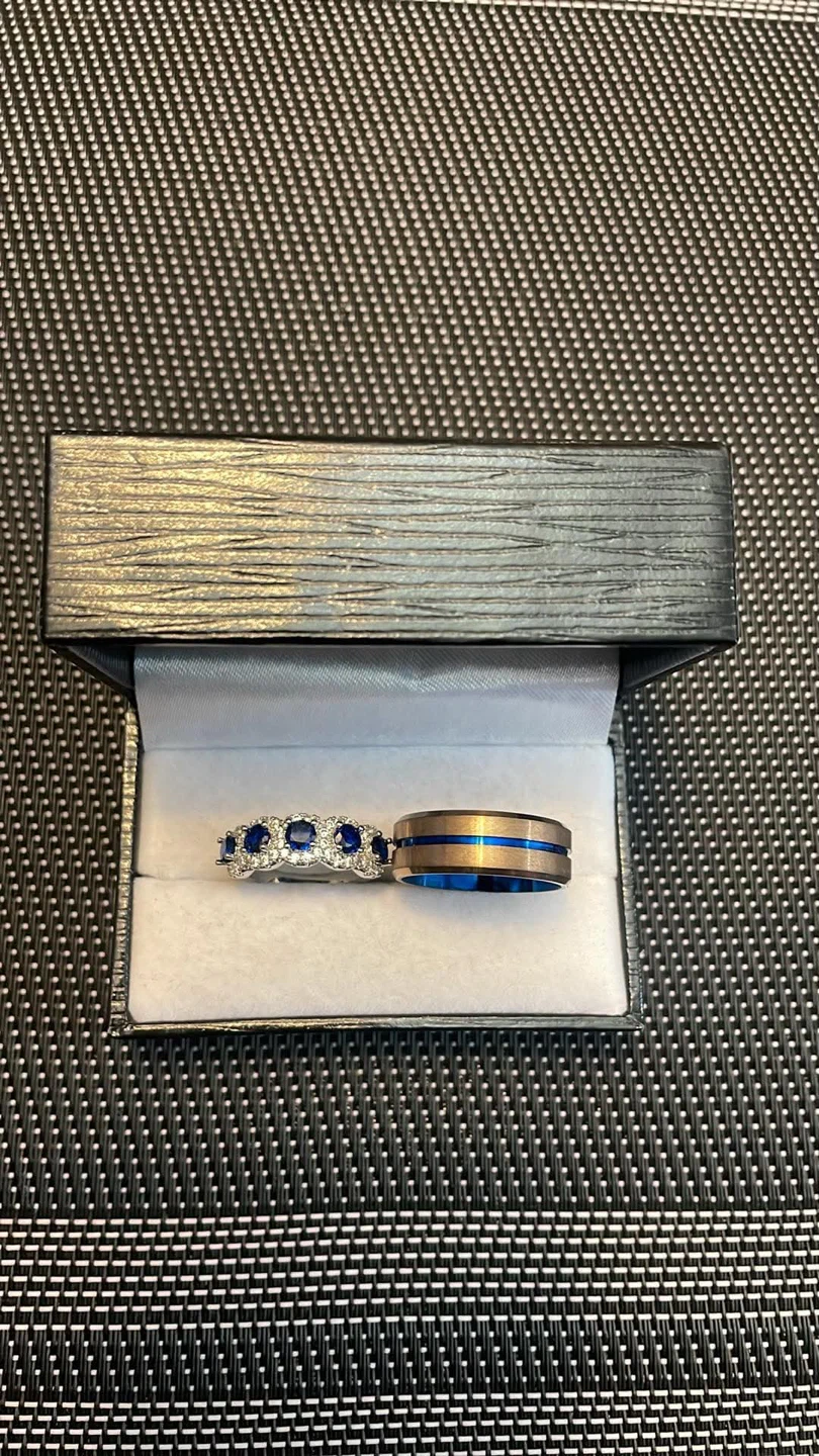 Couple's Ring Set with Blue Sapphires and Blue Inlay Band