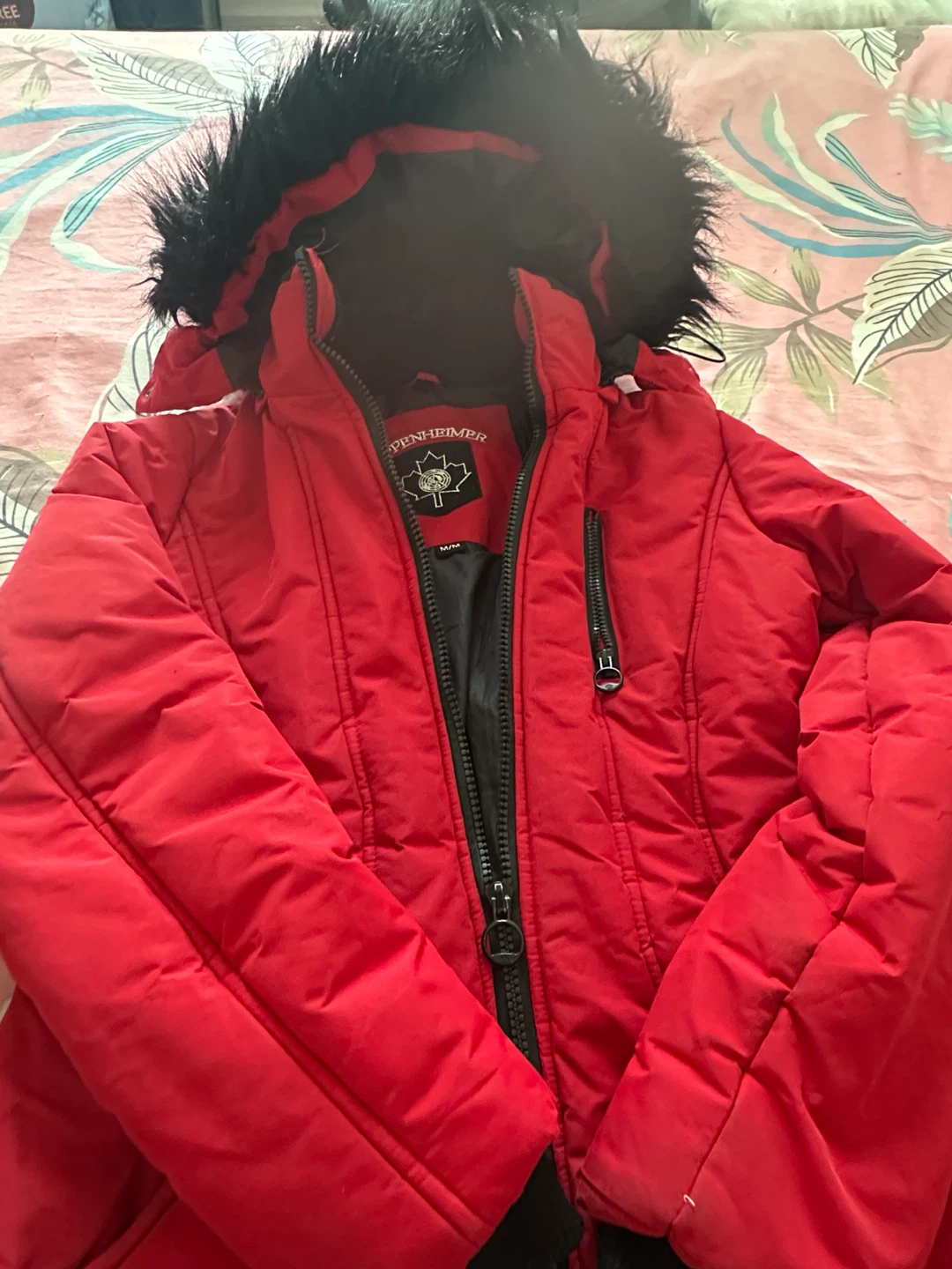 Red Oppenheimer Winter Jacket with Fur Hood