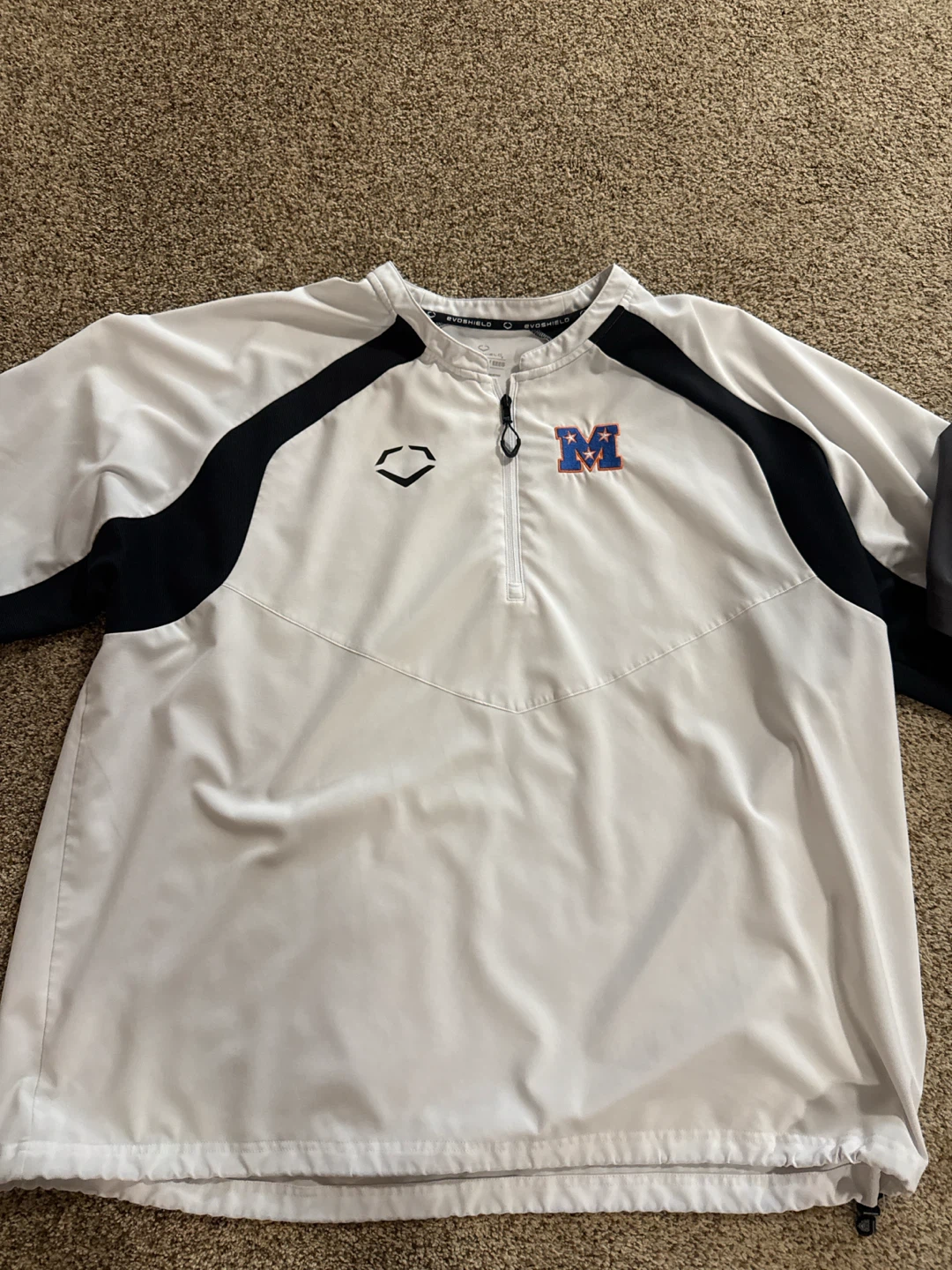 A lot of 3 white/gray/blue Evoshield Baseball Pullover Jacket’s