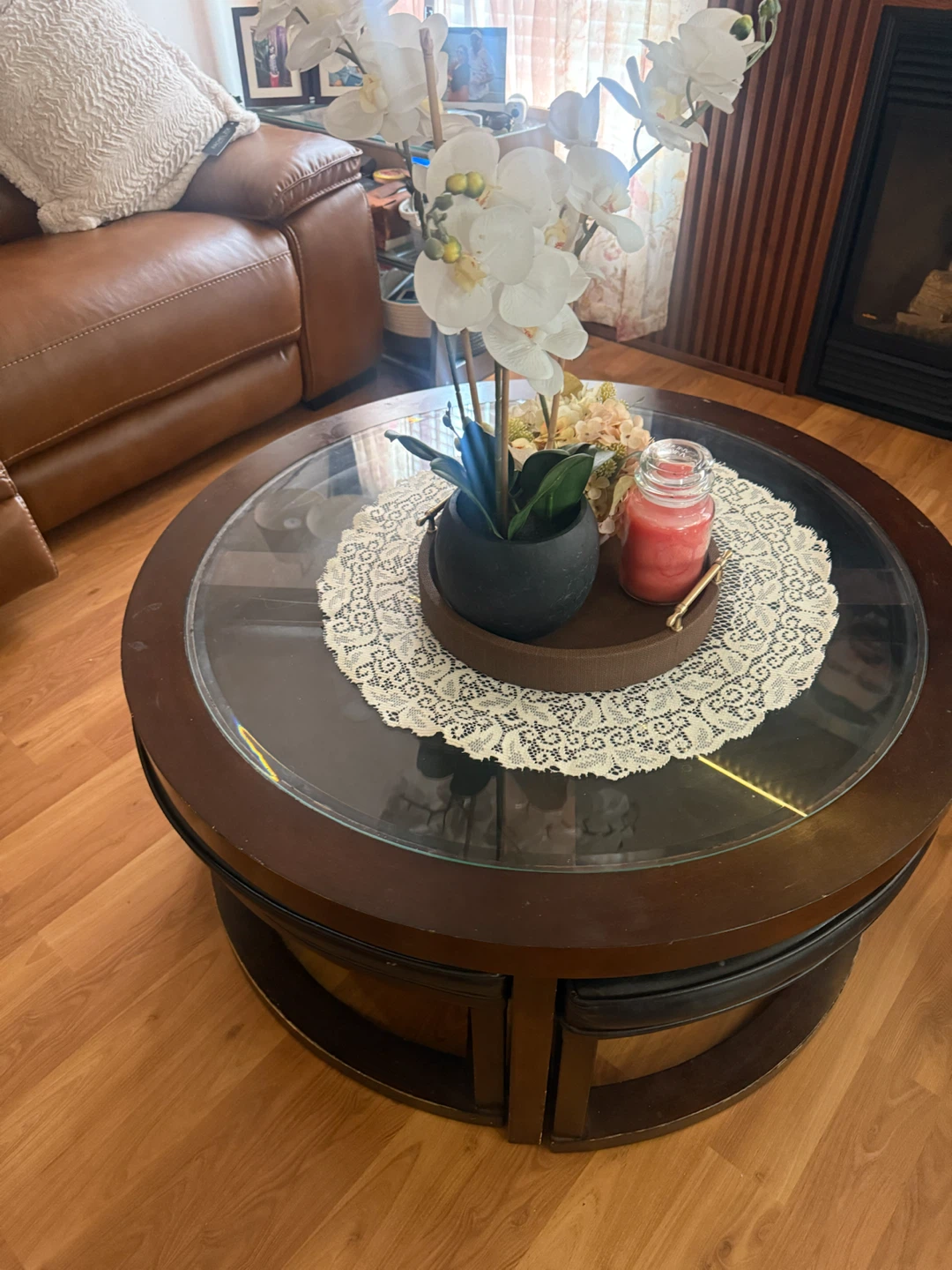 Dark Wood Round Coffee Table with Stools