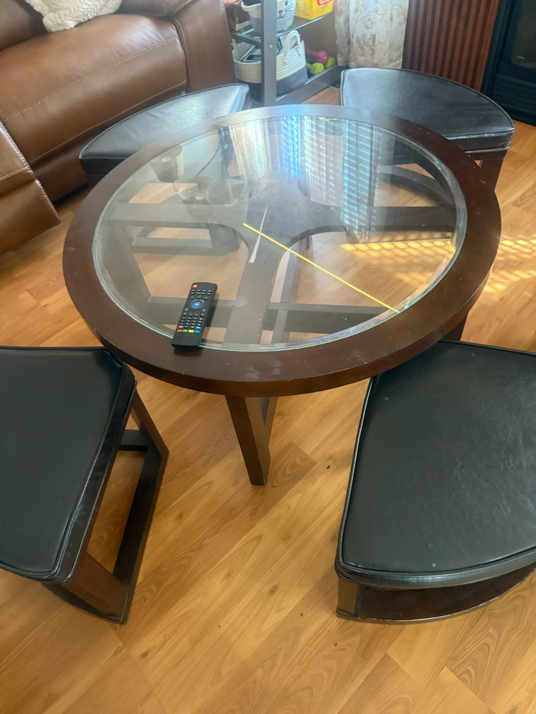 Dark Wood Round Coffee Table with Stools - photo 2