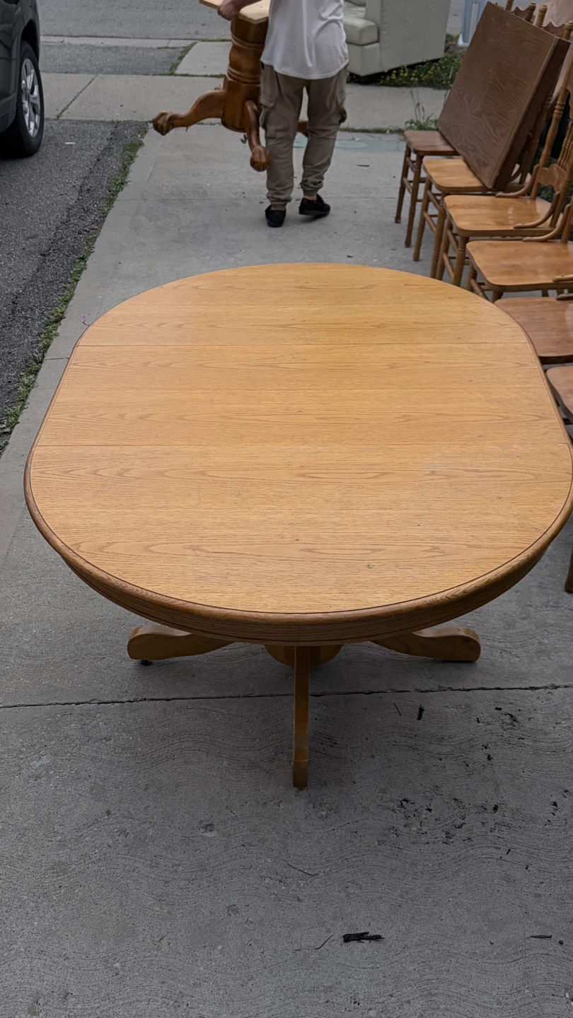 Set of 7 antique wooden dining chairs and 2 matching table