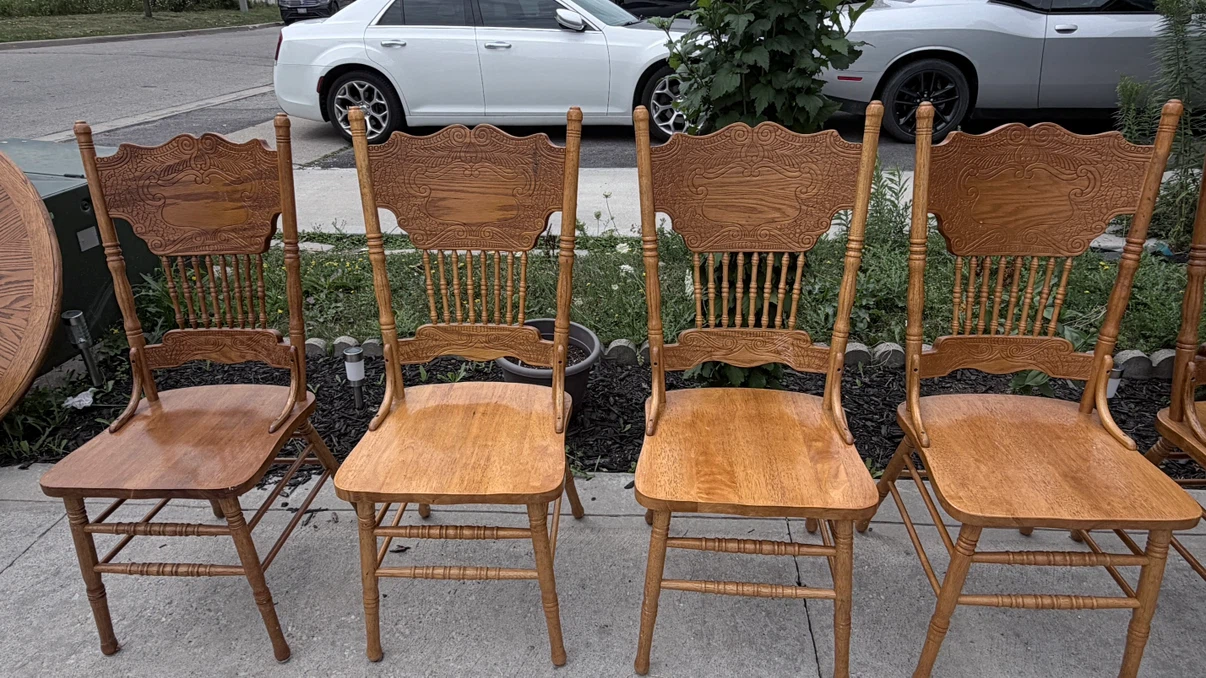 Set of 7 antique wooden dining chairs and 2 matching table - photo 5