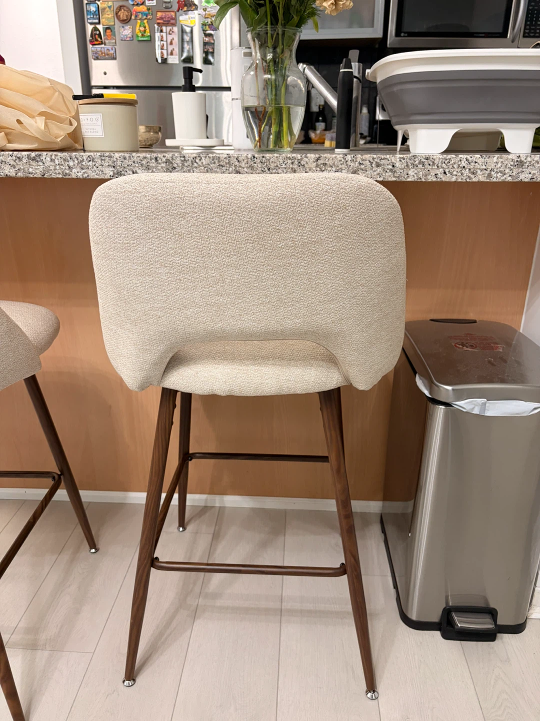 Premium Cream Upholstered Bar Stools with Wooden Legs