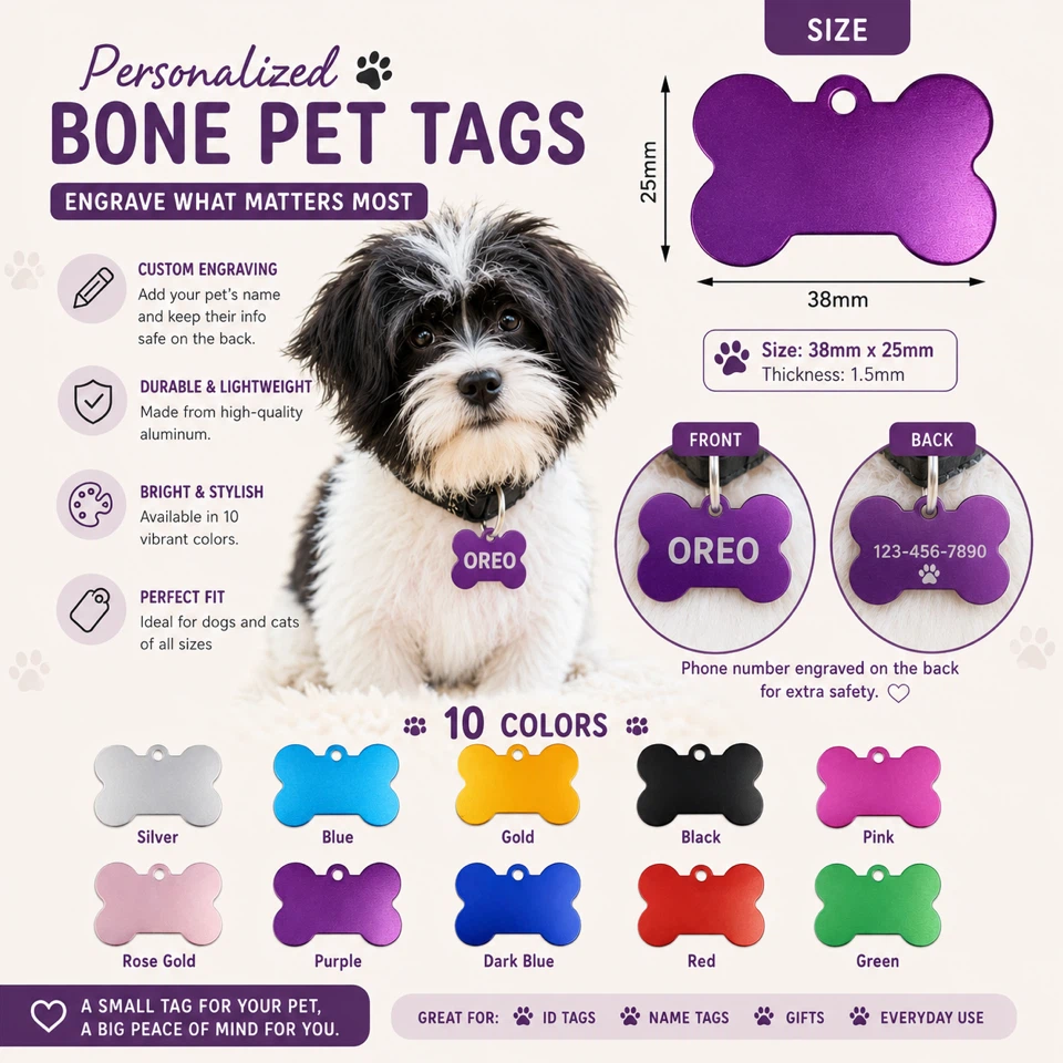 Personalized Bone Pet Tag - Custom Engraved Aluminum