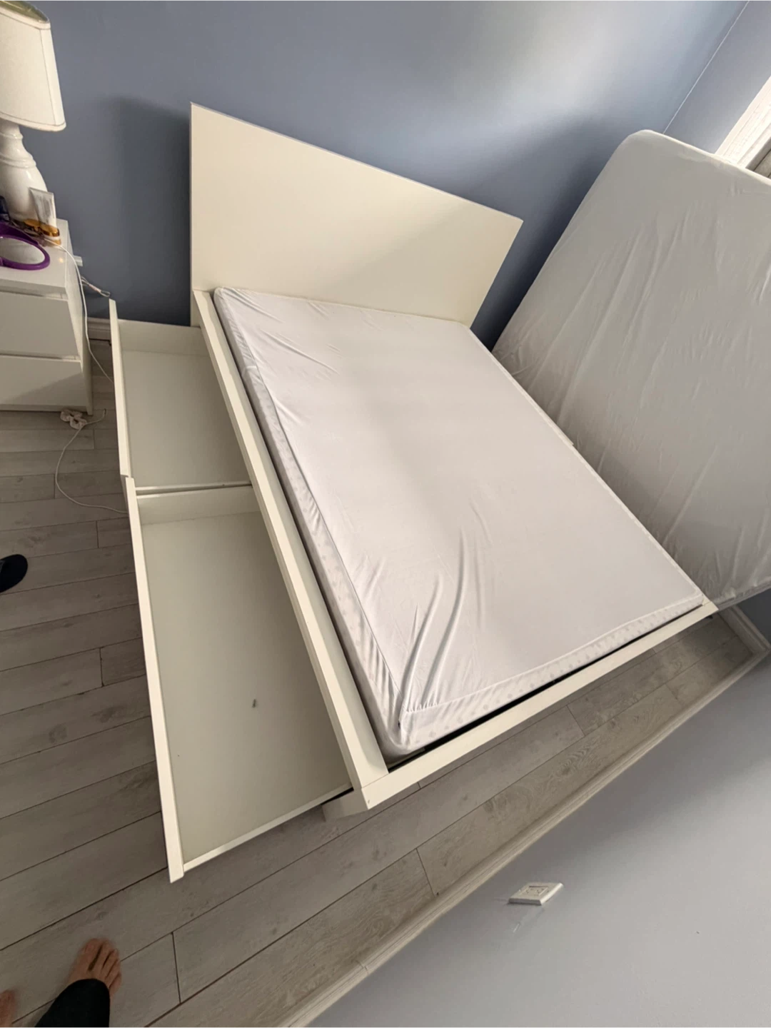 White Wooden Bed Frame with Drawers