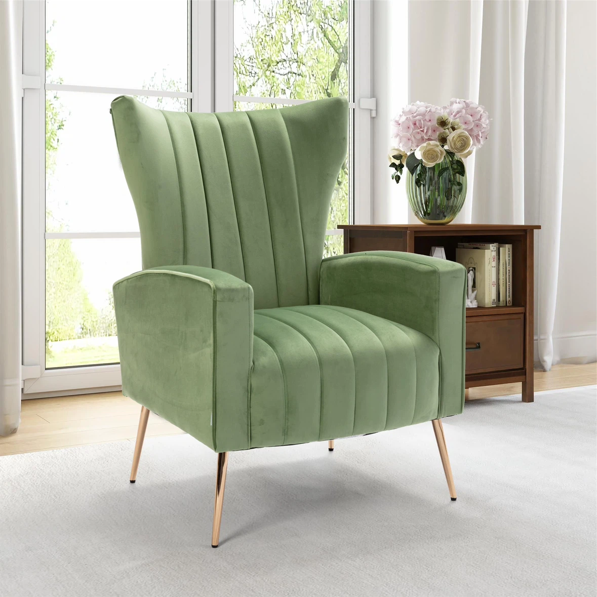 Mercer41 Sage Green Velvet Winged Armchair