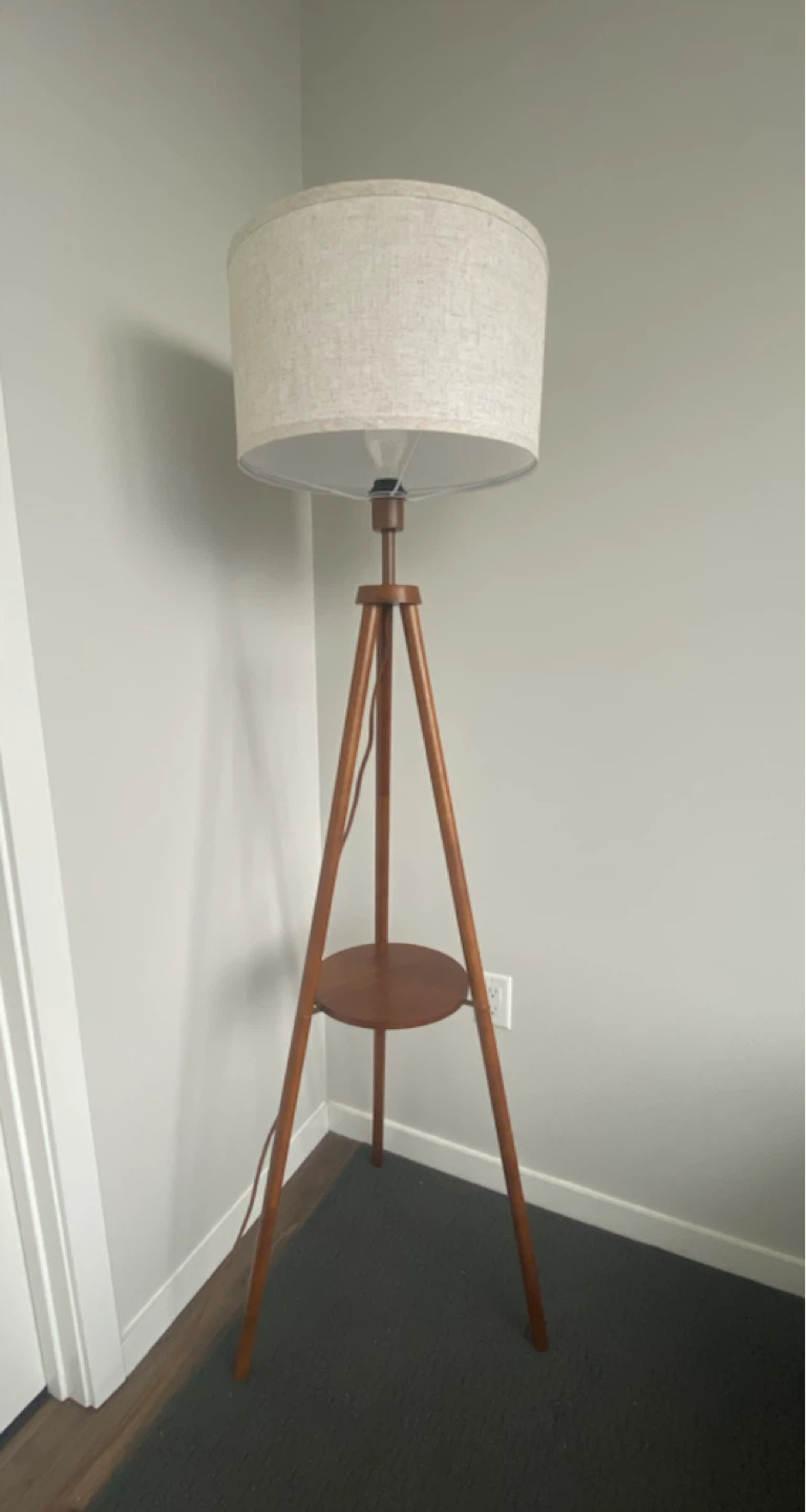 Wooden Tripod Floor Lamp with Shelf - photo 2