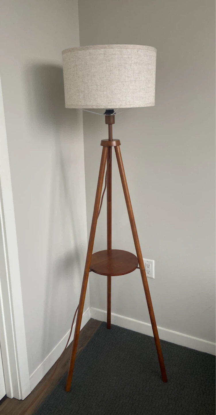 Wooden Tripod Floor Lamp with Shelf