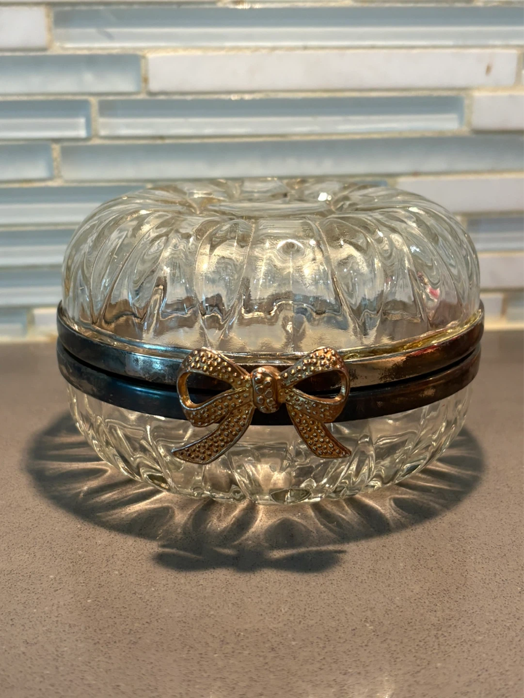 Vintage Round Crystal Glass Jewelry Box: Gold Trim & Bow