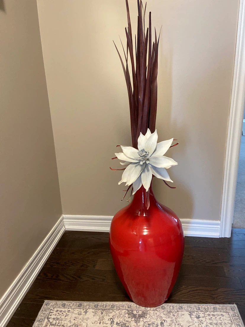Large Red Decorative Vase with Faux Flowers and Branches