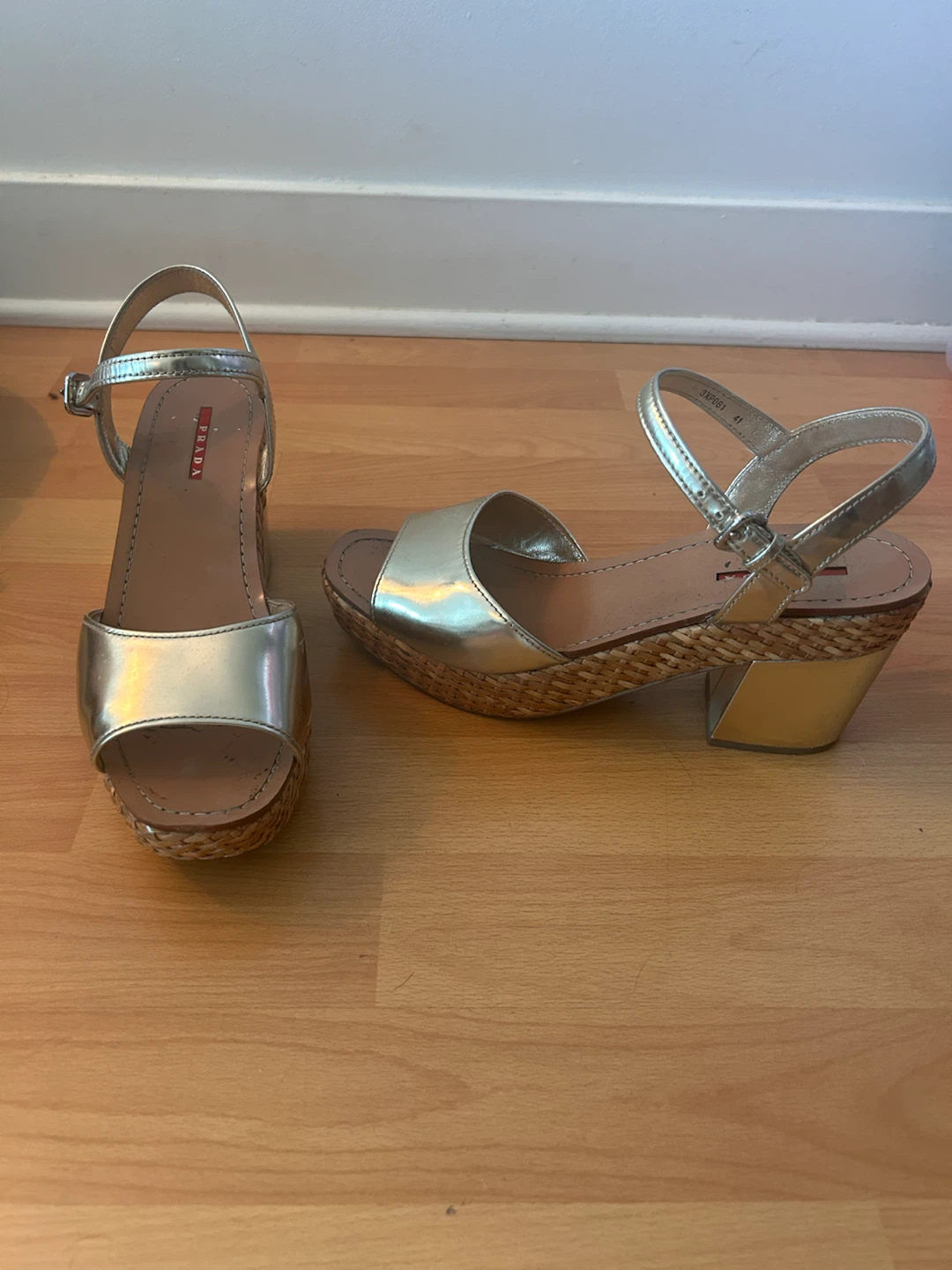 Prada Gold Strappy Platform Wedge Sandals