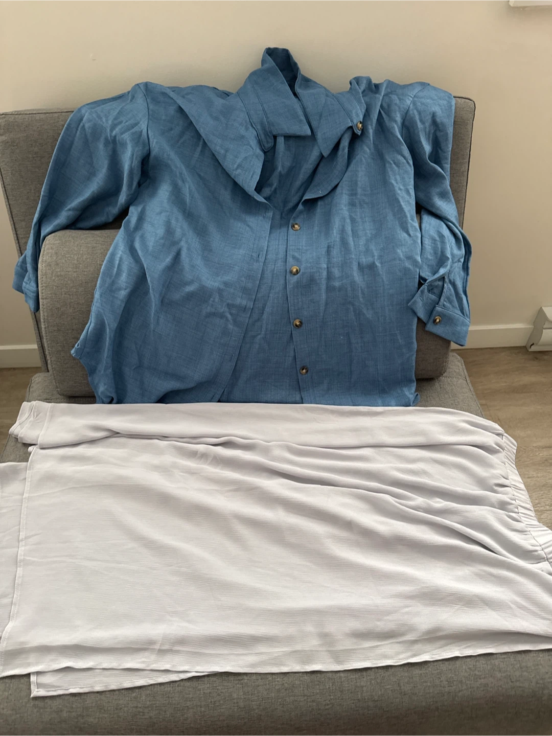 Blue Linen Shirt and Grey Pleated Skirt