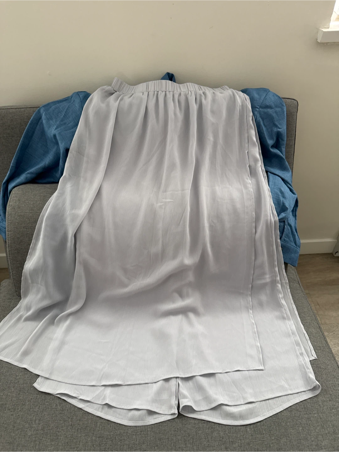 Blue Linen Shirt and Grey Pleated Skirt - photo 2