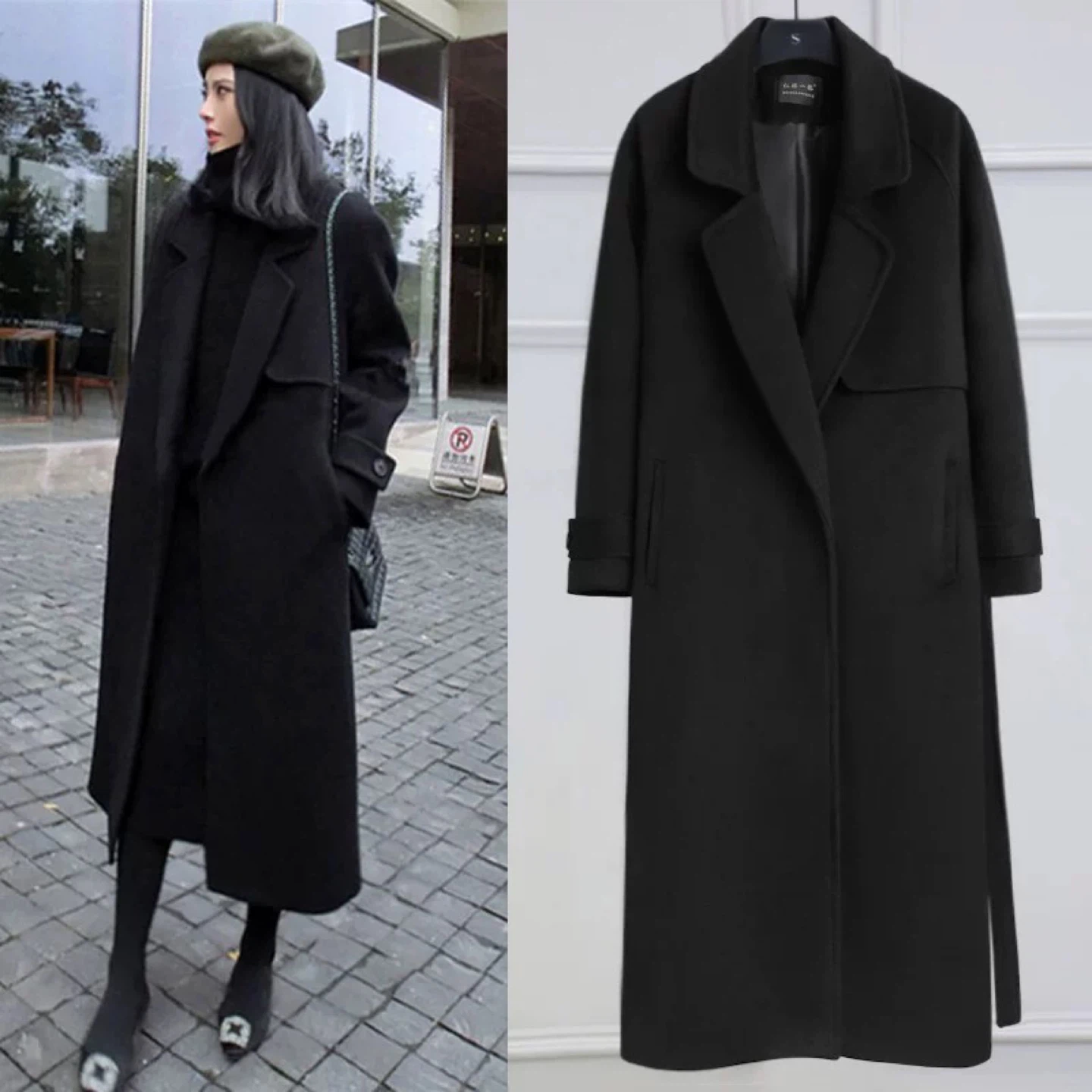 Korean style WOMAN Black long Coat
