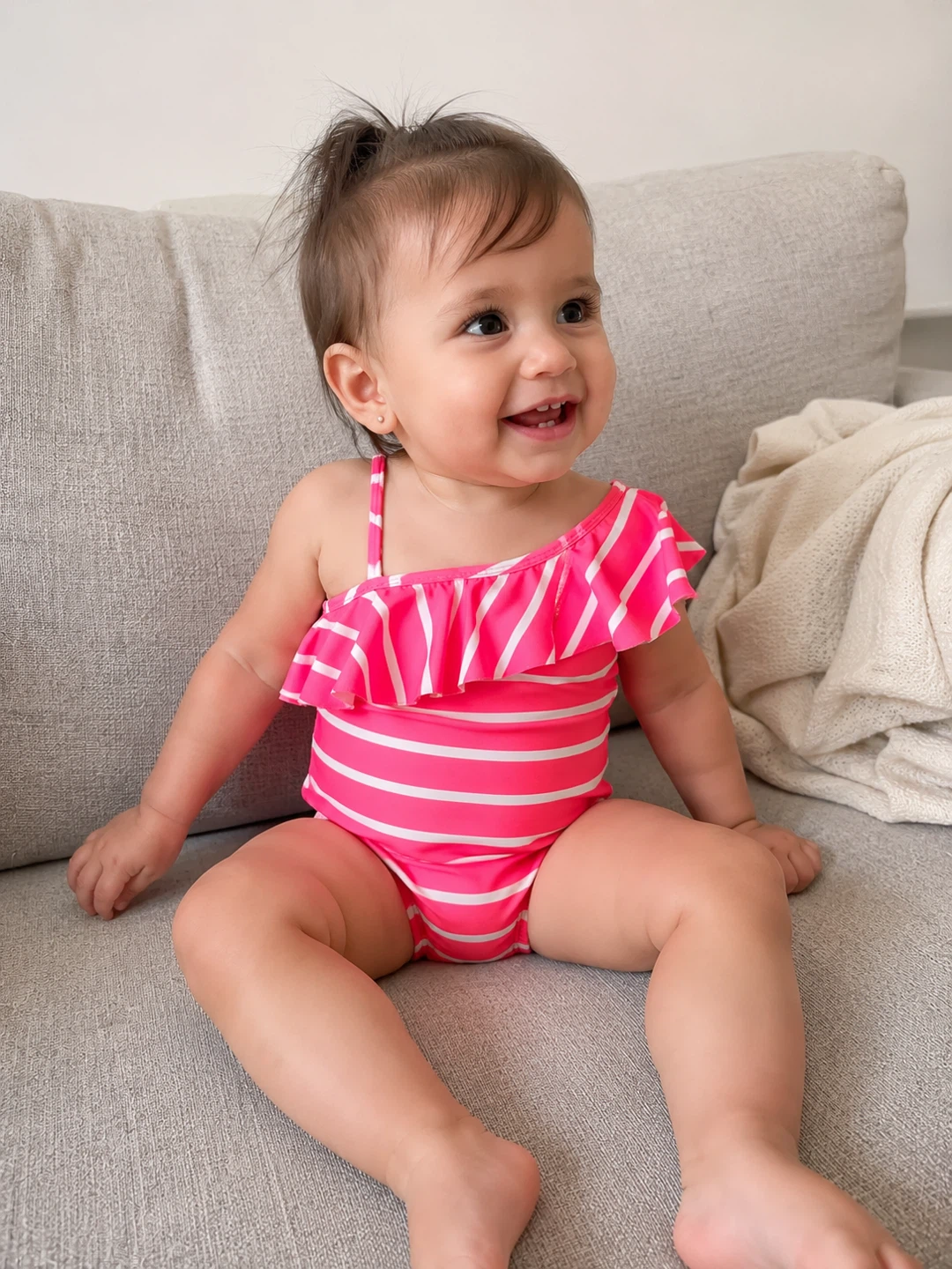 GAP Girls' Pink Striped One-Shoulder Swimsuit - 12-18 months - photo 2