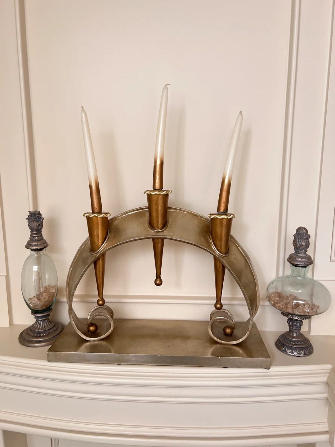 Silver and gold three-arm candelabra